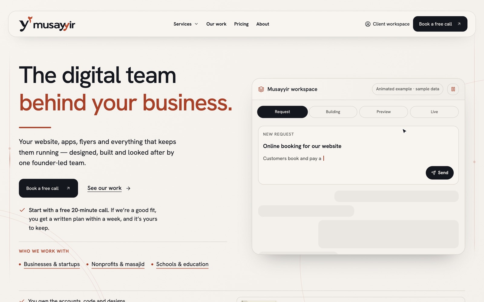 Musayyir home page: 'The digital team behind your business' beside an animated client workspace